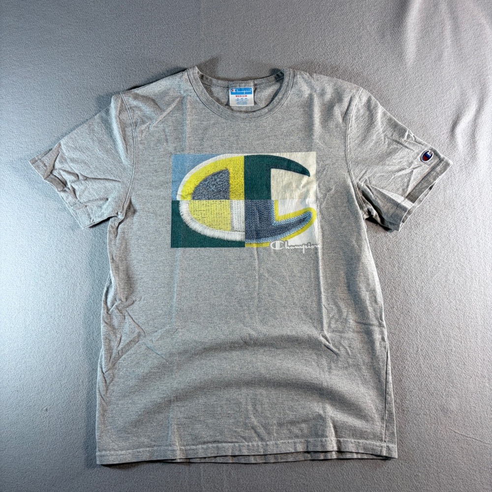 Champion Mens Gray Graphic Big Logo Short‎ Sleeve T-Shirt Size Medium